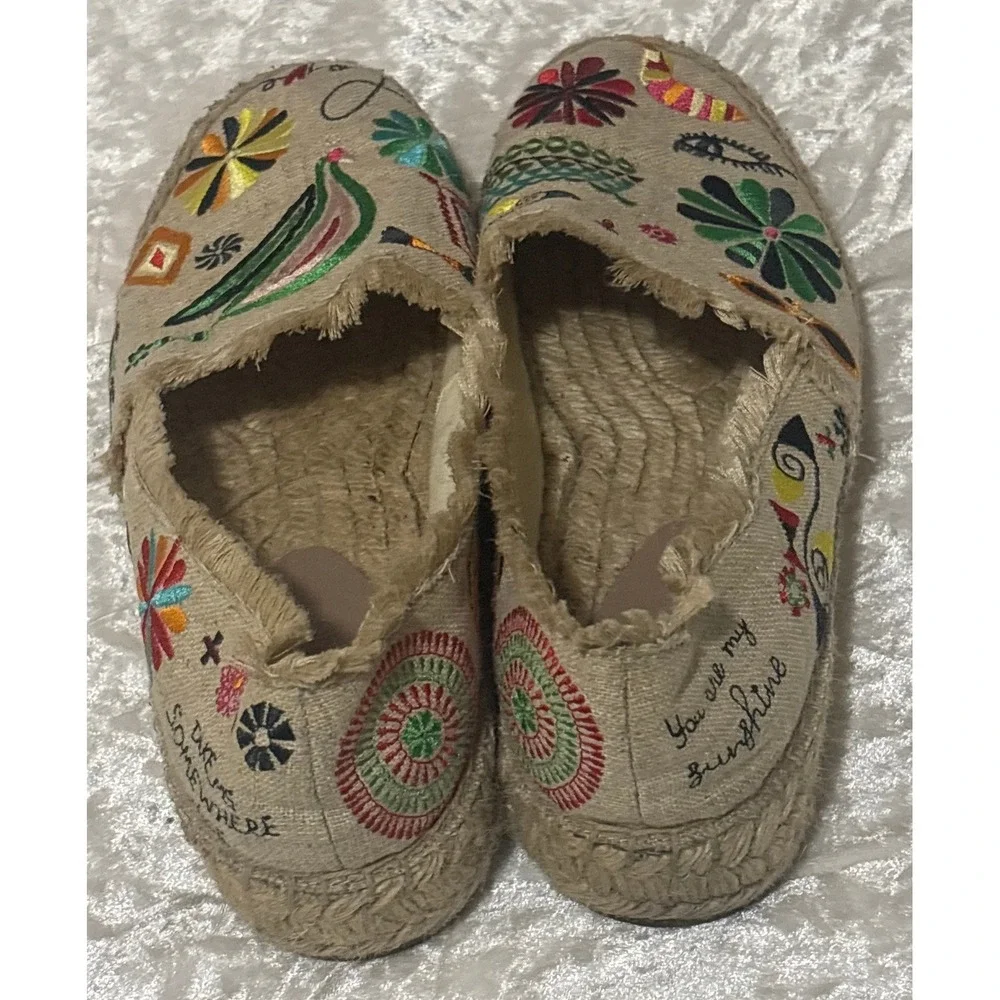 Johnny Was Parker Embroidered Espadrilles Womens 8M Tan Boho Slip On Flats